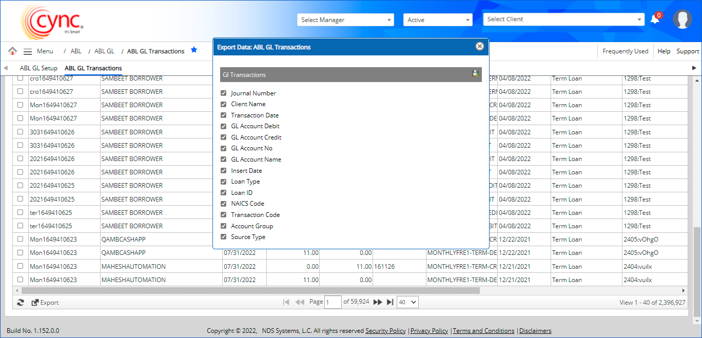 Export data selection popup