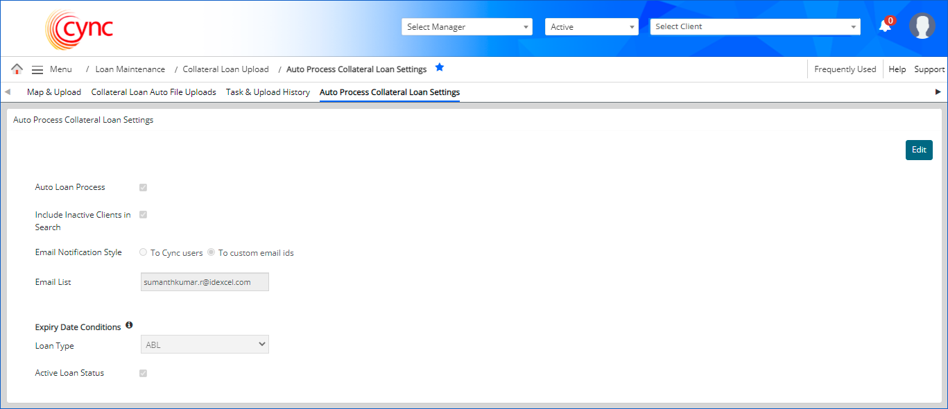 Auto Process Collateral Loan Settings page