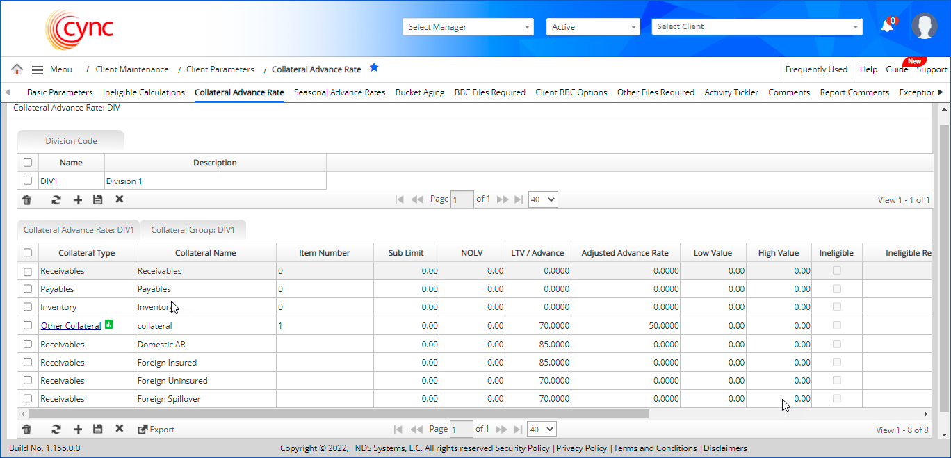 Collateral Advance Rate page