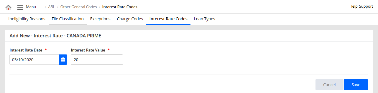 Interest Codes - Add New section
