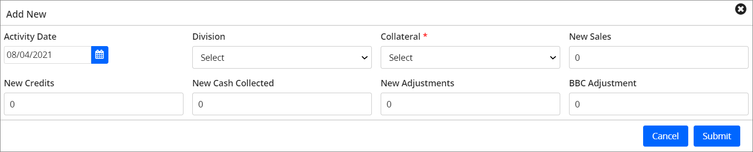 Receivables Rollforward data manuall popup