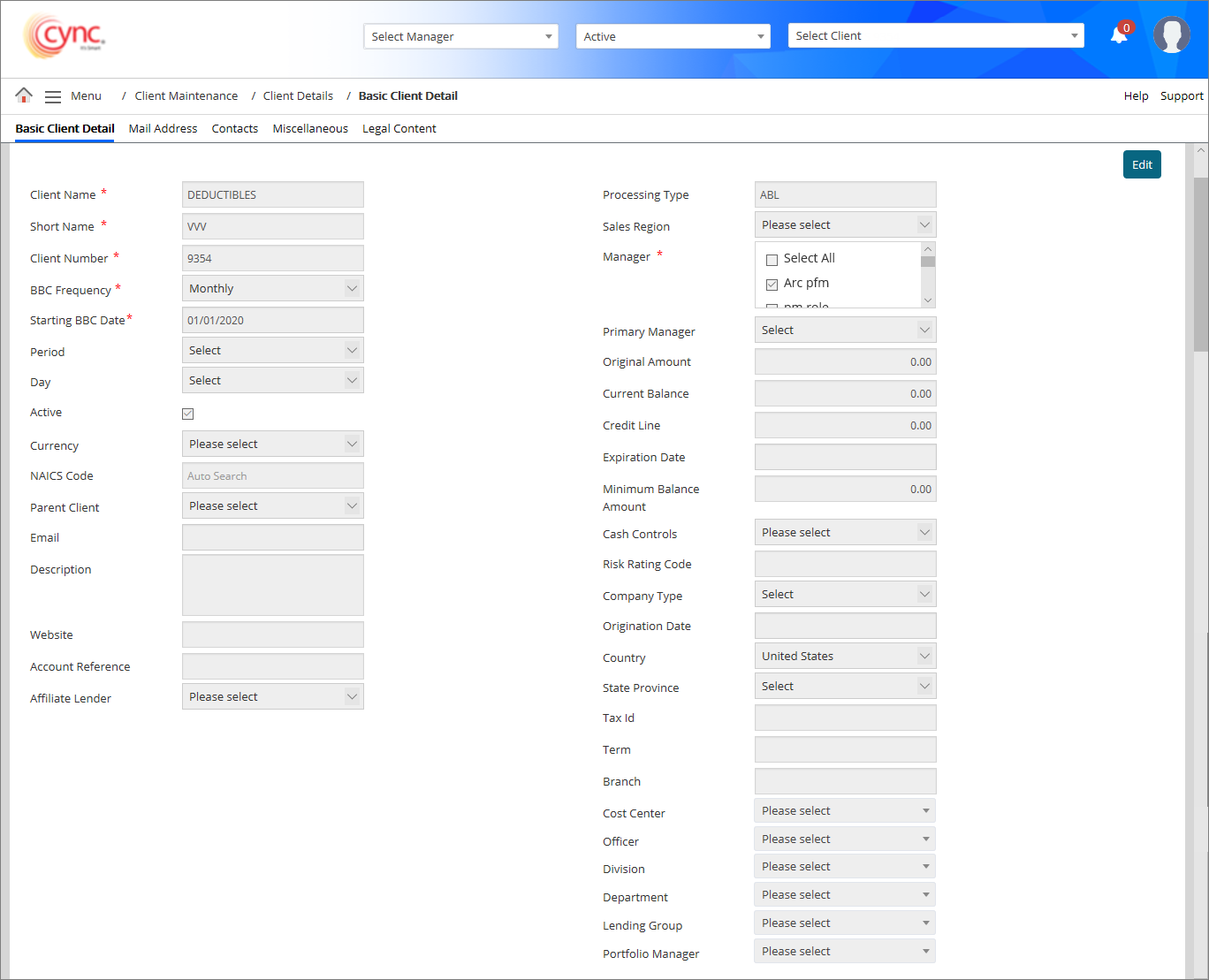 Basic Client Detail page
