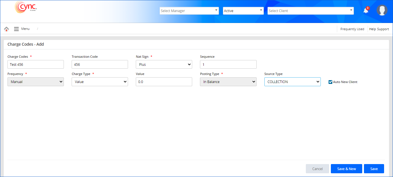 Charge Codes page - Source type-collection