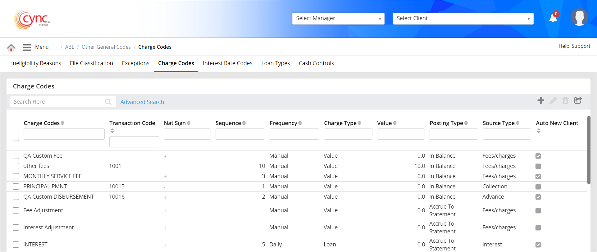 Charge Codes page