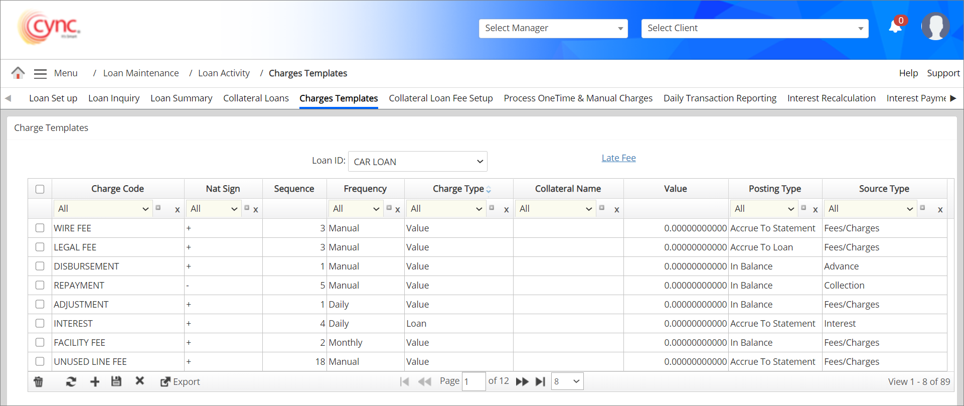 Charges Templates page