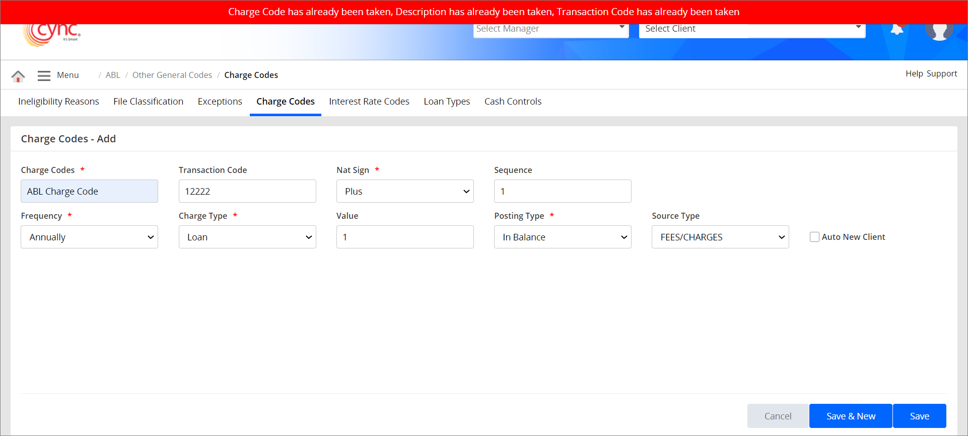 Validation - Charge code already exists