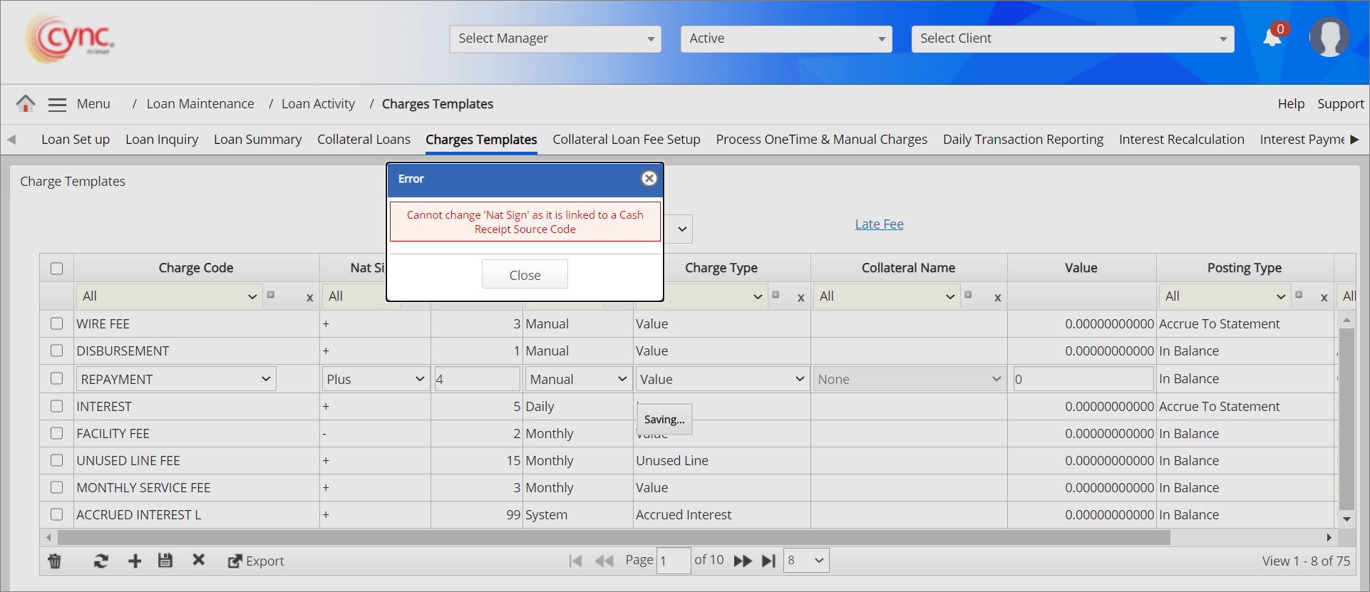 Error - Charge Templates page