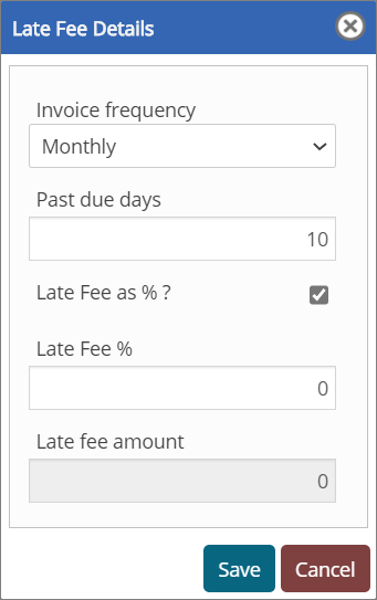 Late fee details inputs popup