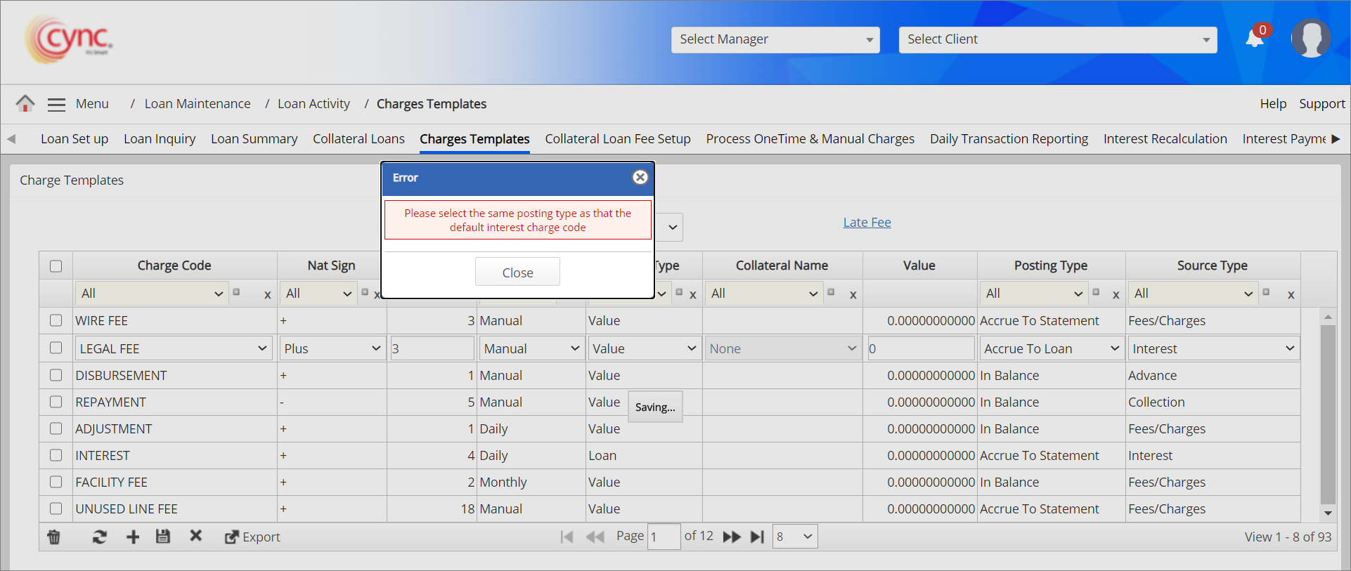 Error - Charge Templates page