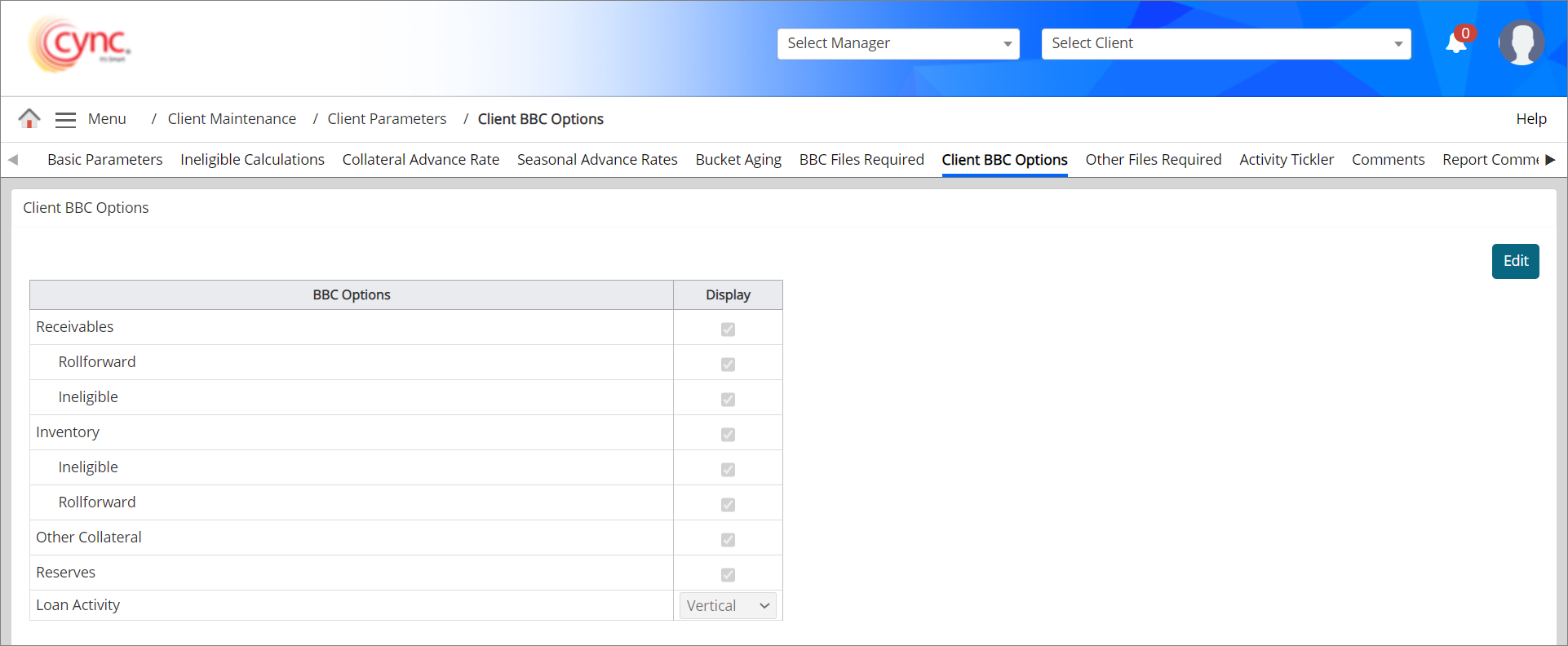 Client BBC Options page