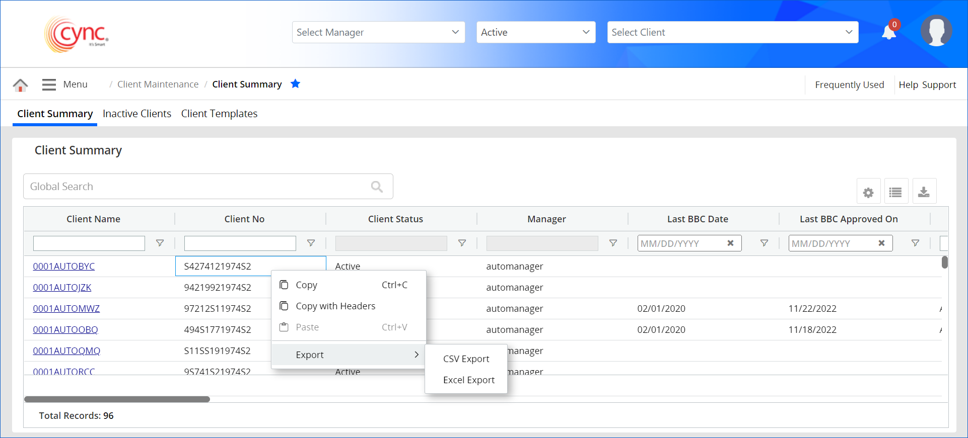 Client summary page