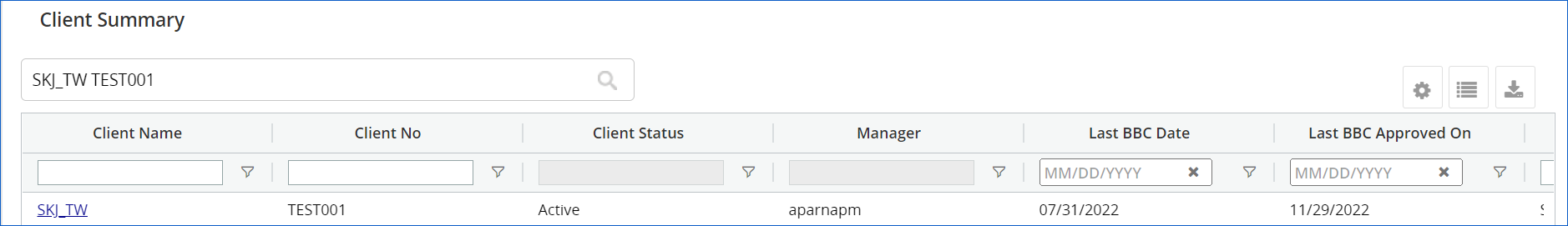 Client summary column names