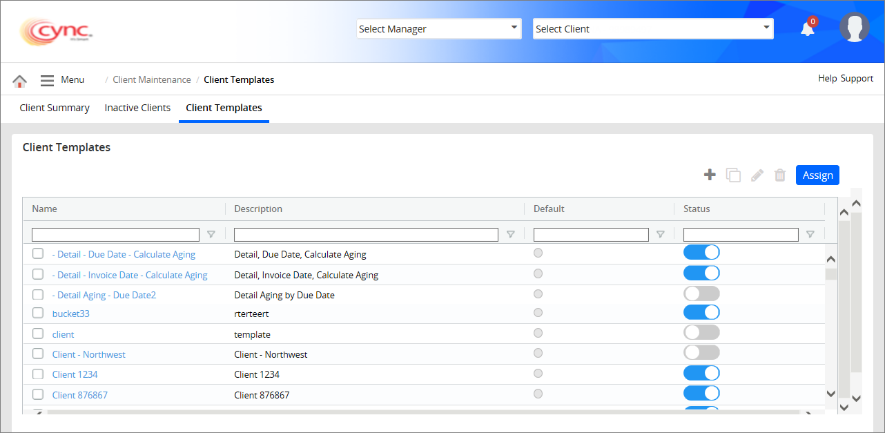 Client Templates page
