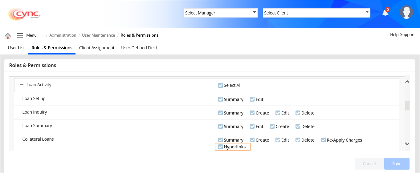 Roles and Permissions page