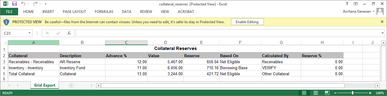 save collateral_reserve report - Excel file format