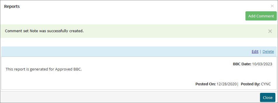 Success - Comment set Note created
