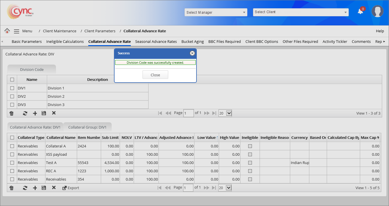 Success - Division code created
