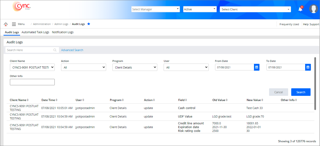Audit Logs page