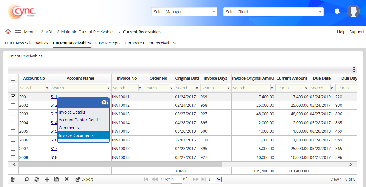 Current Receivables popup