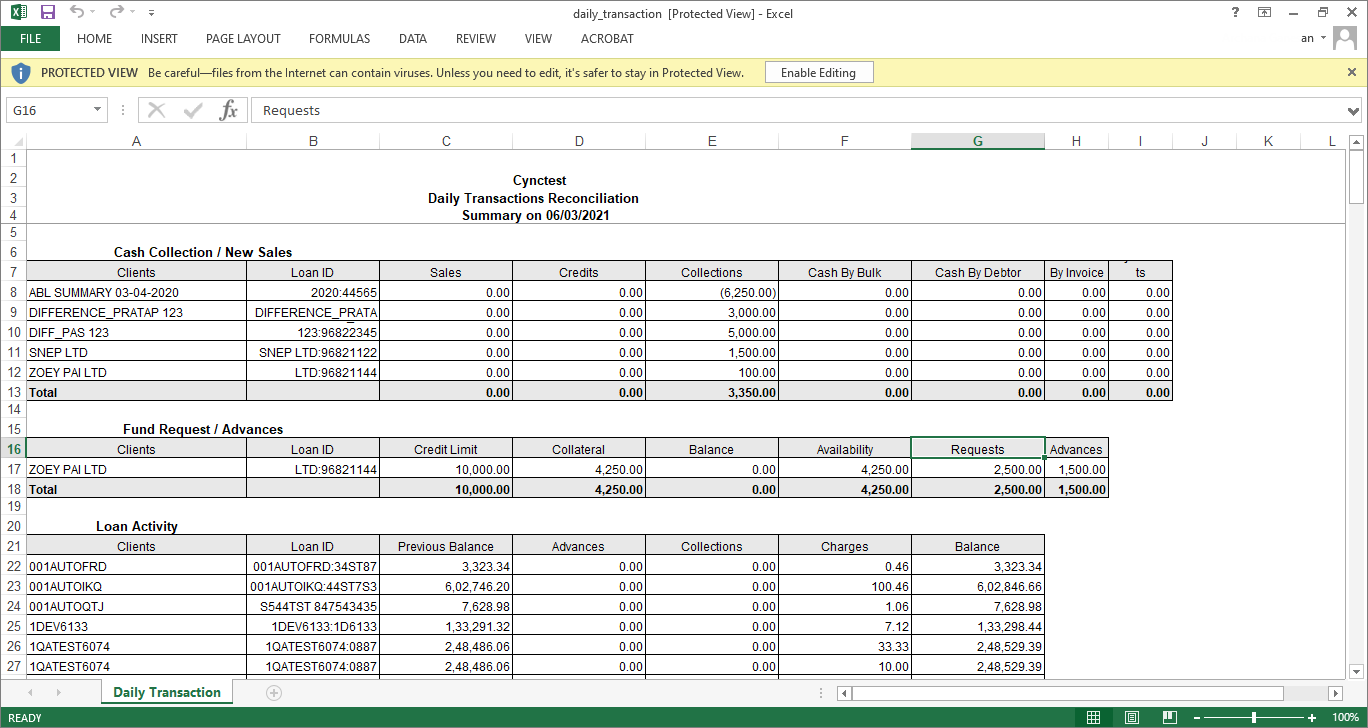 Daily Transactions Reconciliation report Excel file format