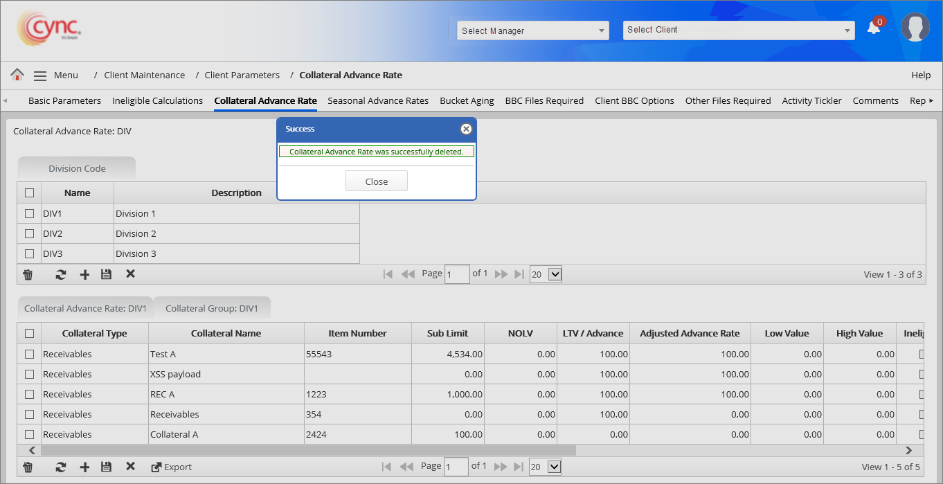 Success - Collateral group deleted 