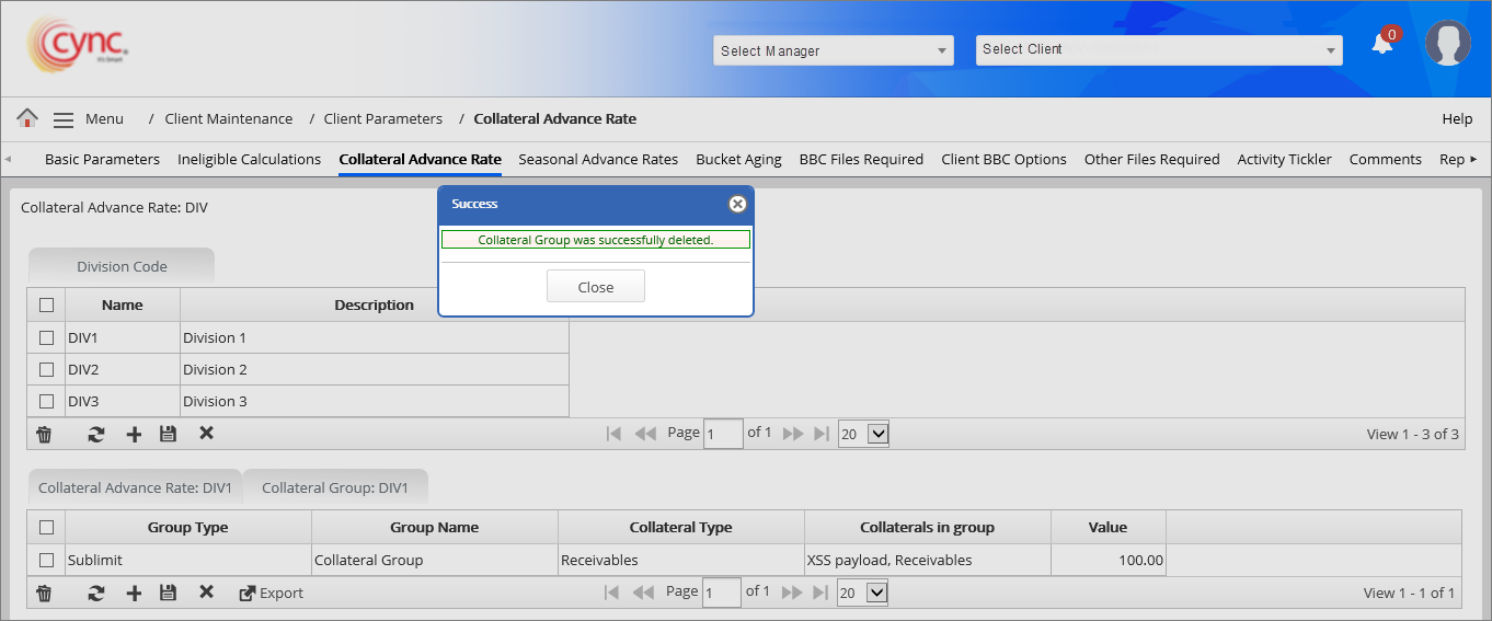 Success - Collateral group deleted 