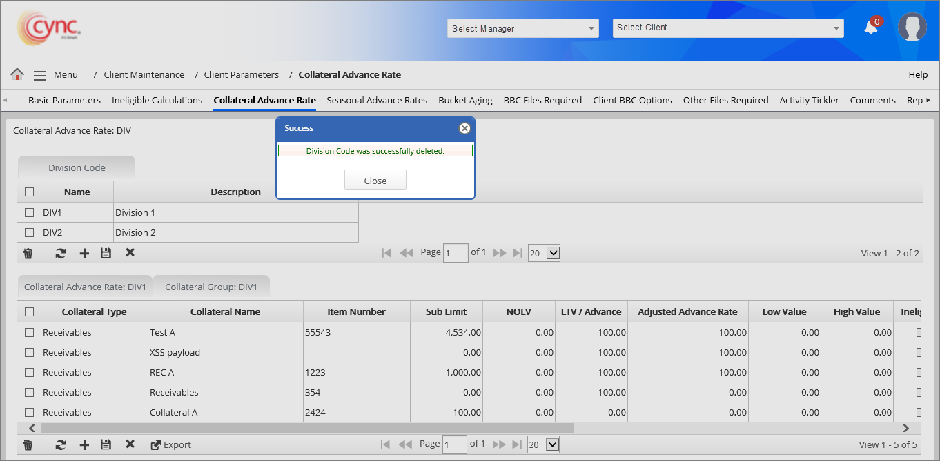 Success - Collateral group deleted 
