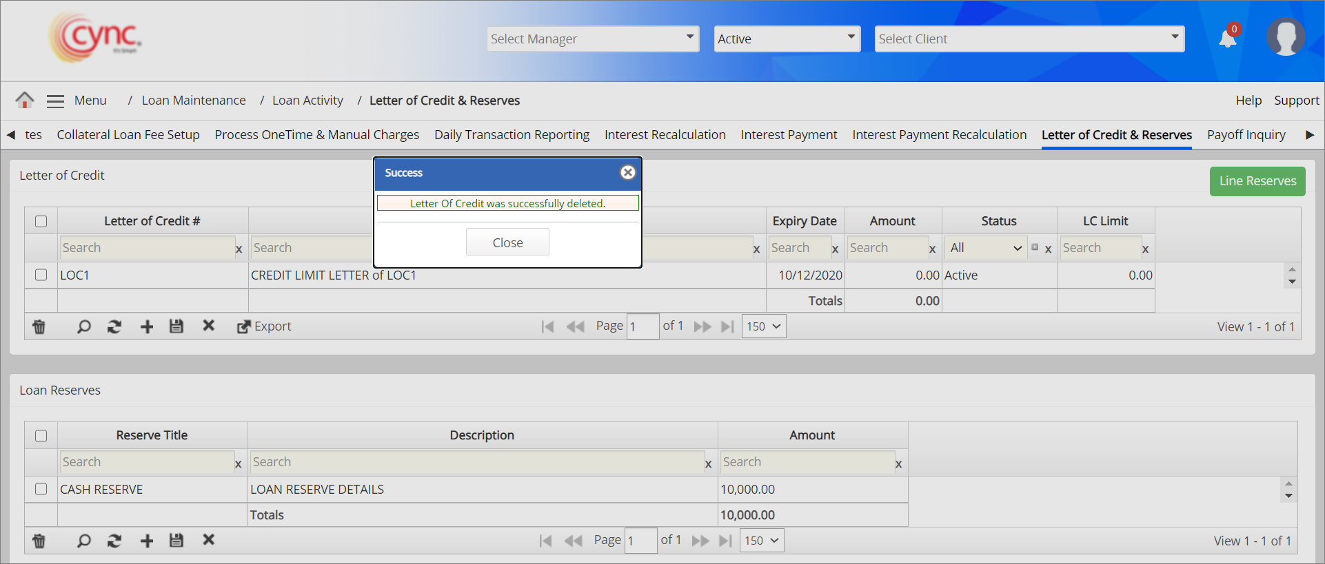 Success prompt - Letter of credit deleted