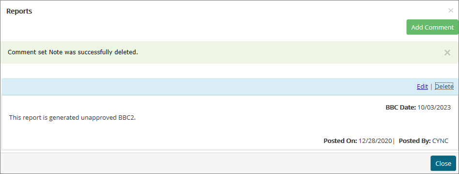 Success - Comment set note deleted 