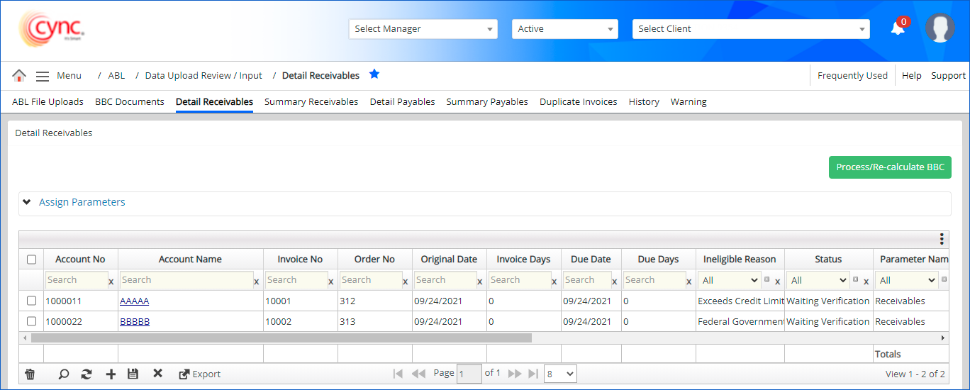 Detail Receivables page