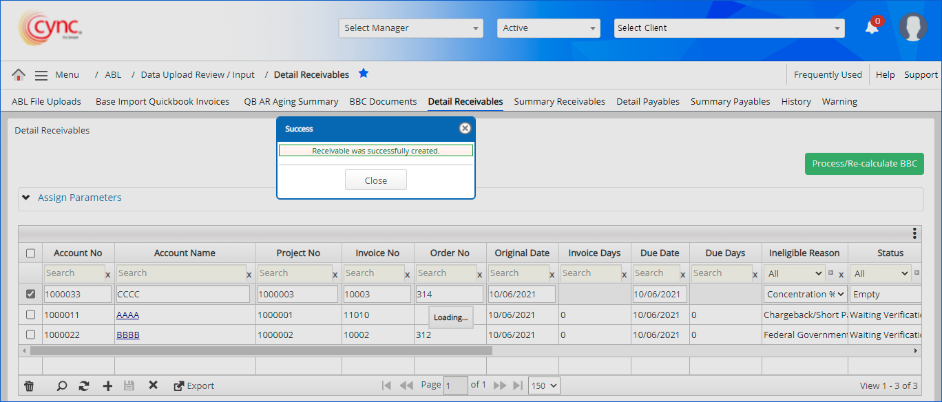 success - Receivables created