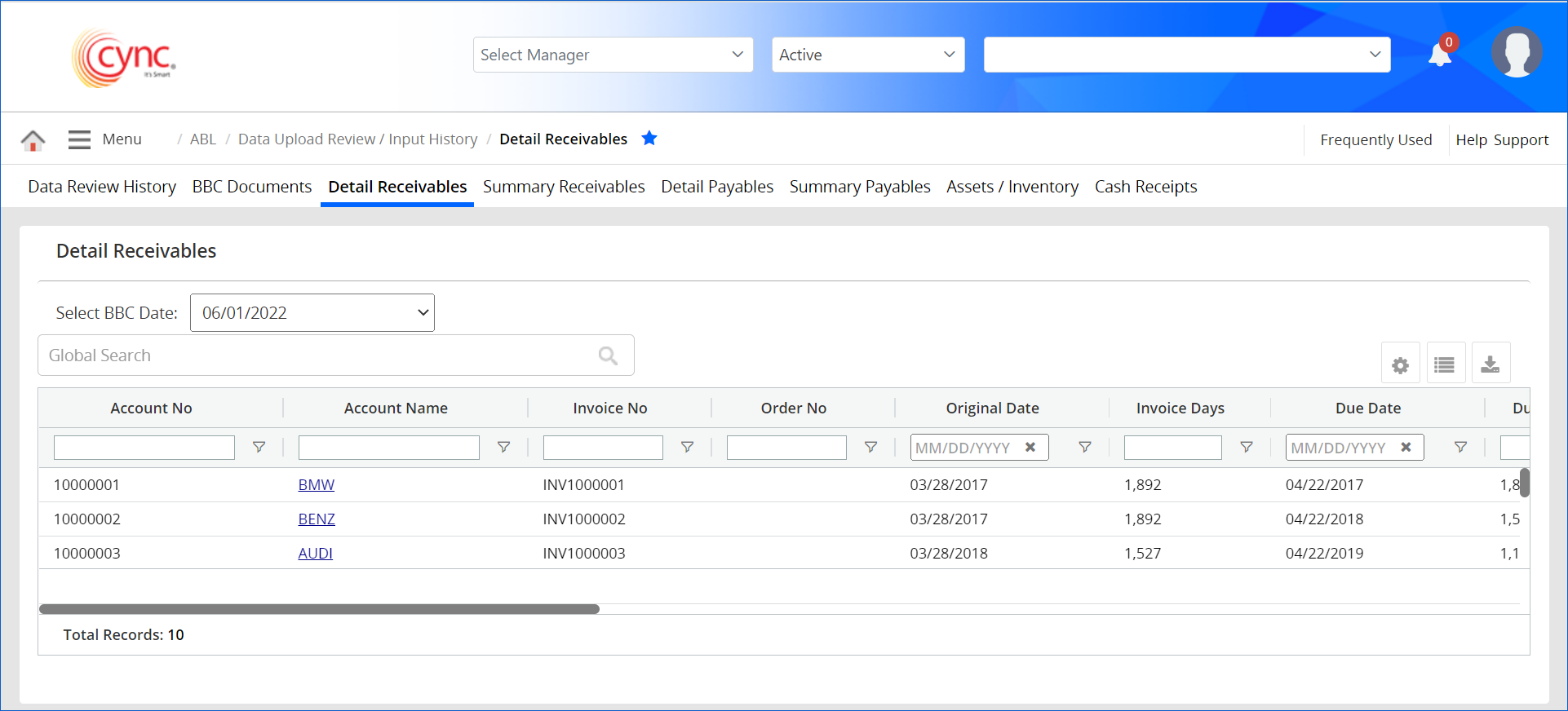Detail Receivables page