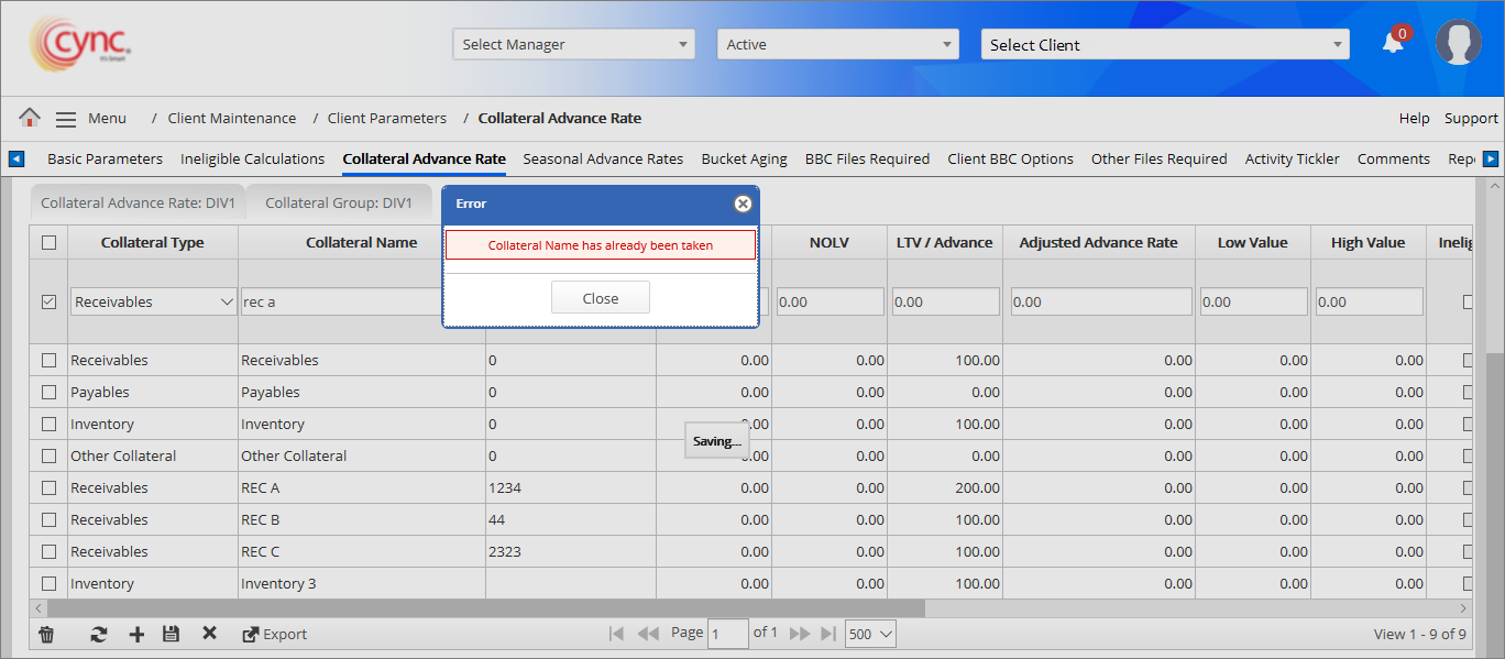 Validation - Collateral name exists already 