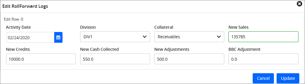 Edit roll forward logs popup