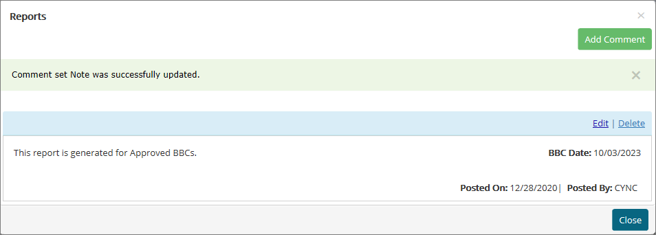 Success - Comment set note created 