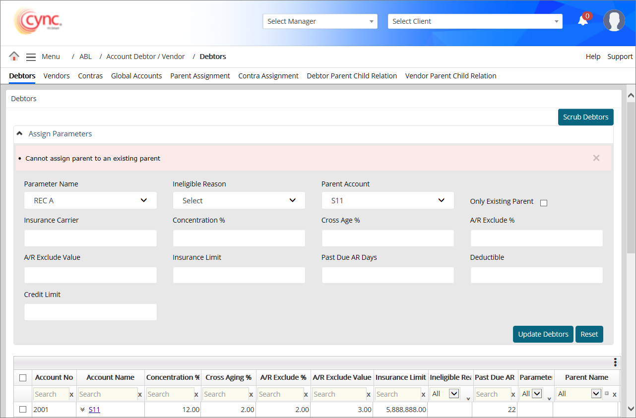Debtors - Validation - Cant assign a parent to a parent