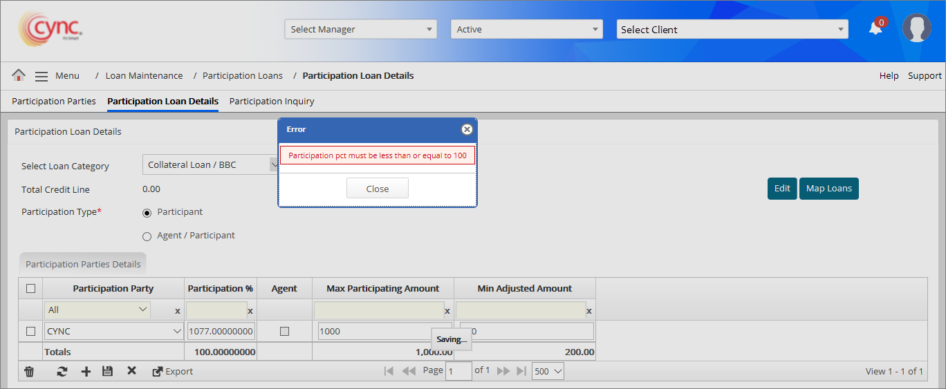 Error prompt - Participation % must be < 100