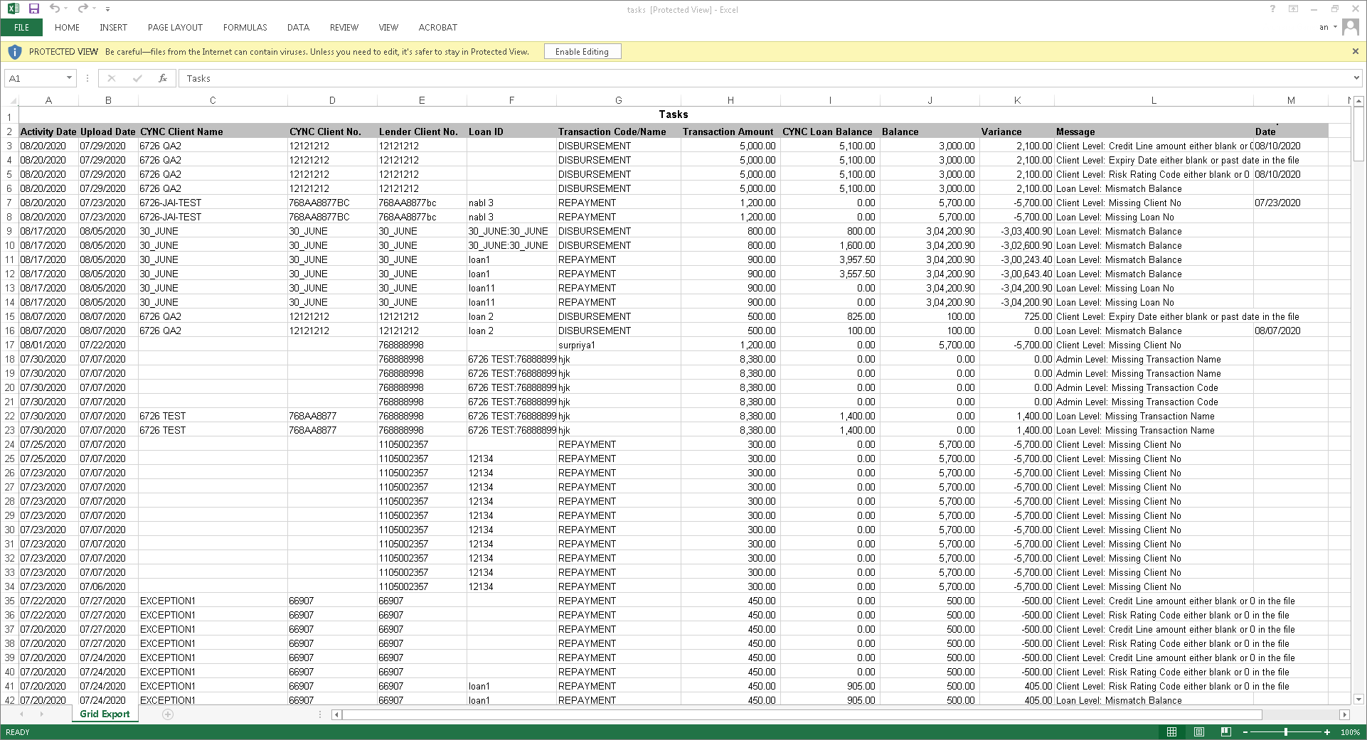 Upload history - Excel file format