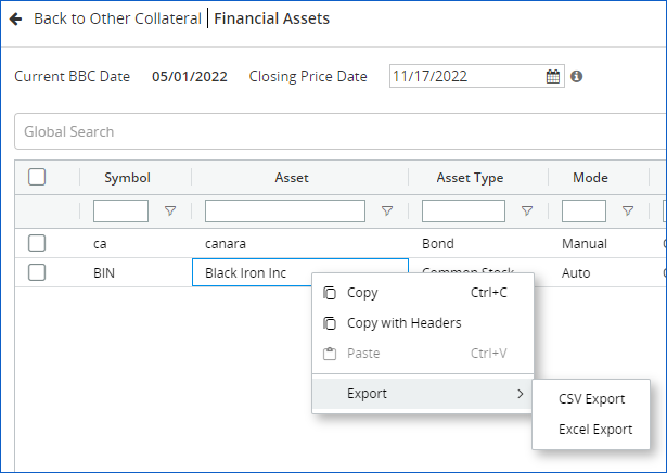 Financial Assets popup