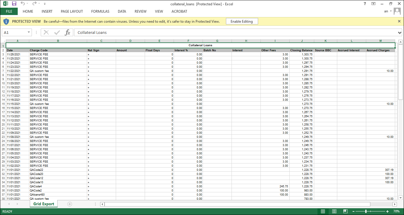 Collateral loan data - Excel file format