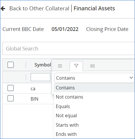 Financial Assets popup
