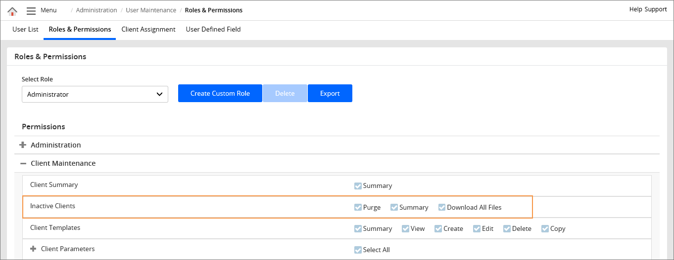 Roles and permissions edit page
