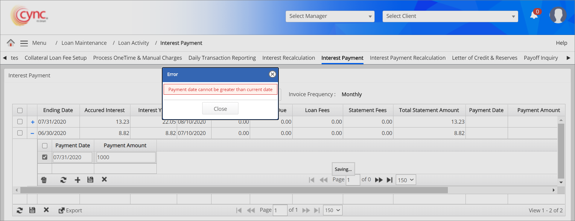 Error - Payment date can't be greater than 