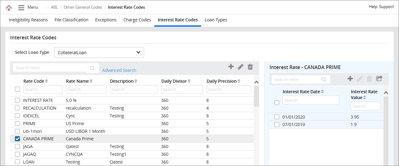 Interest Rate Codes page