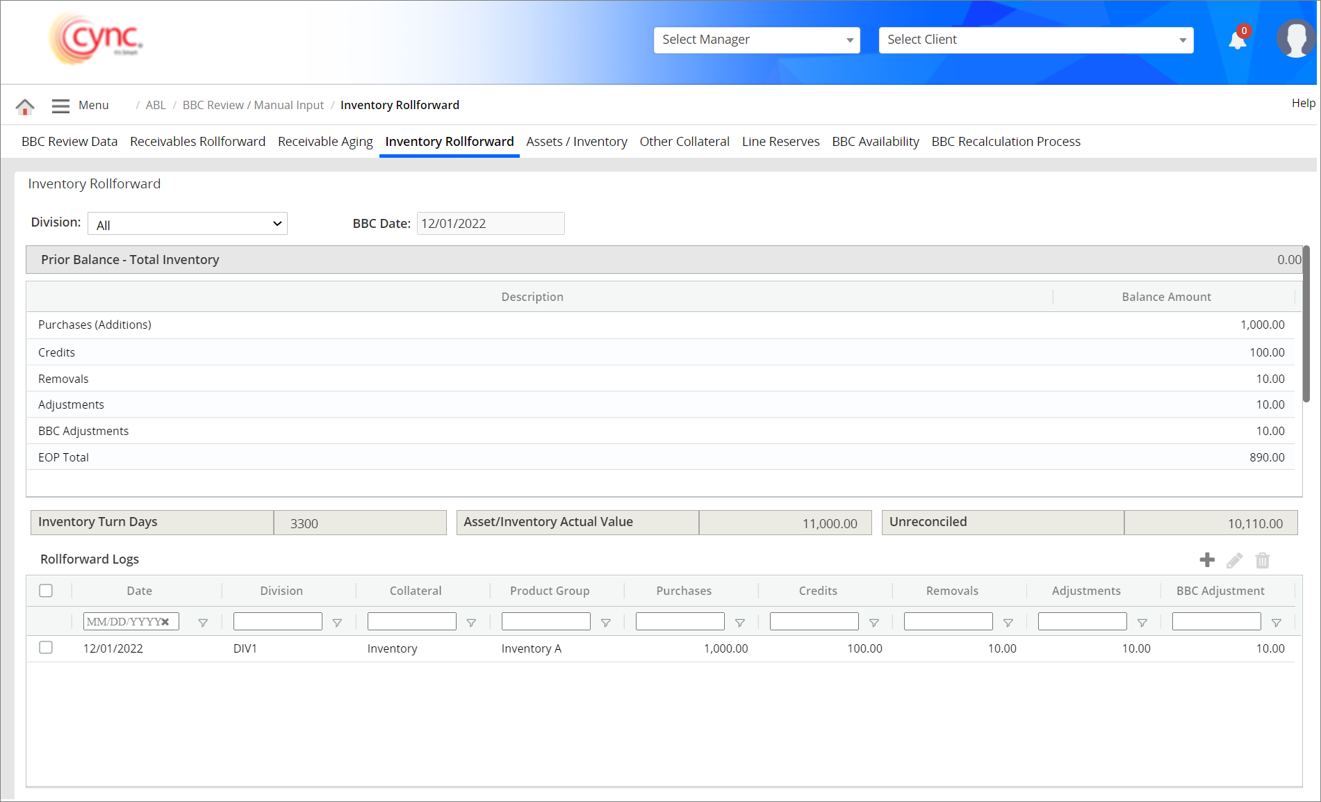 Inventory Rollforward Page