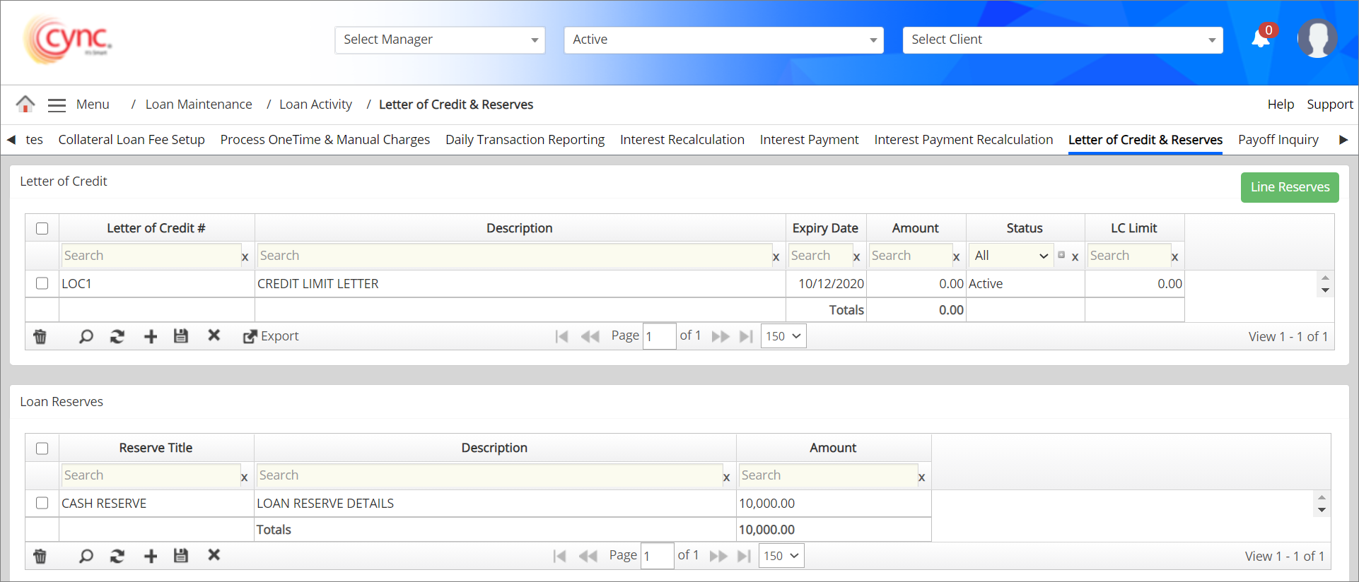 Letter of Credit & Reserves page
