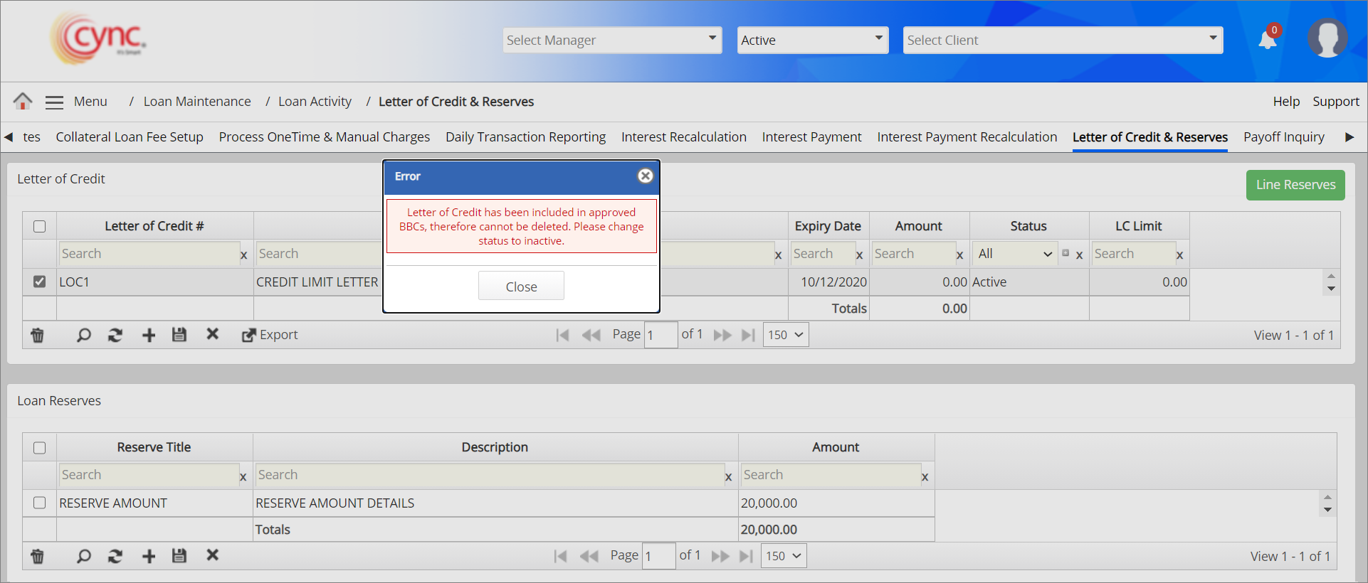 Error prompt - Letter of credit in use