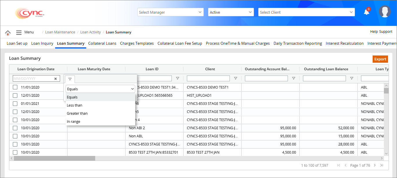 Loan summary - Loan maturity date column filtering