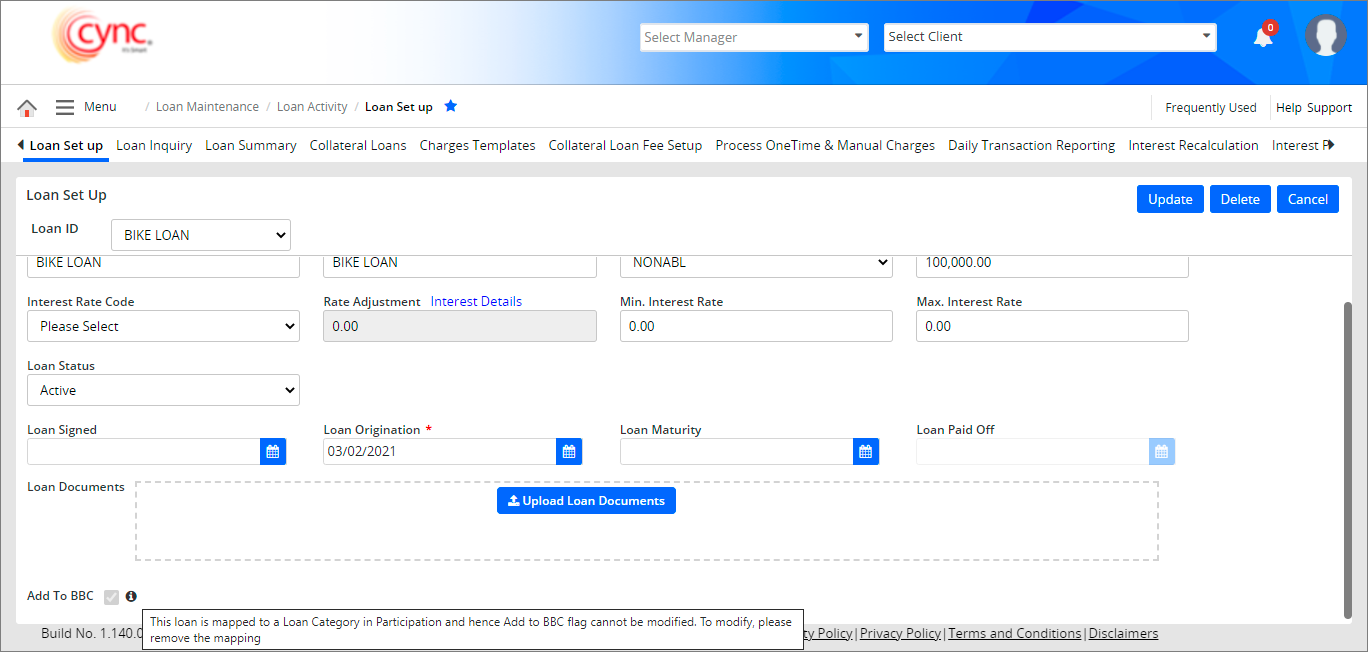 Loan setup page