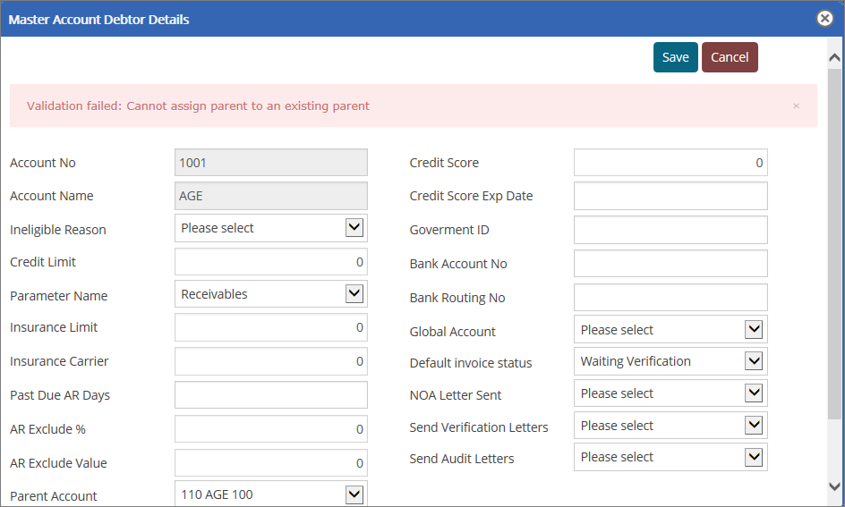 Validation -  Master Account Debtor Details popup